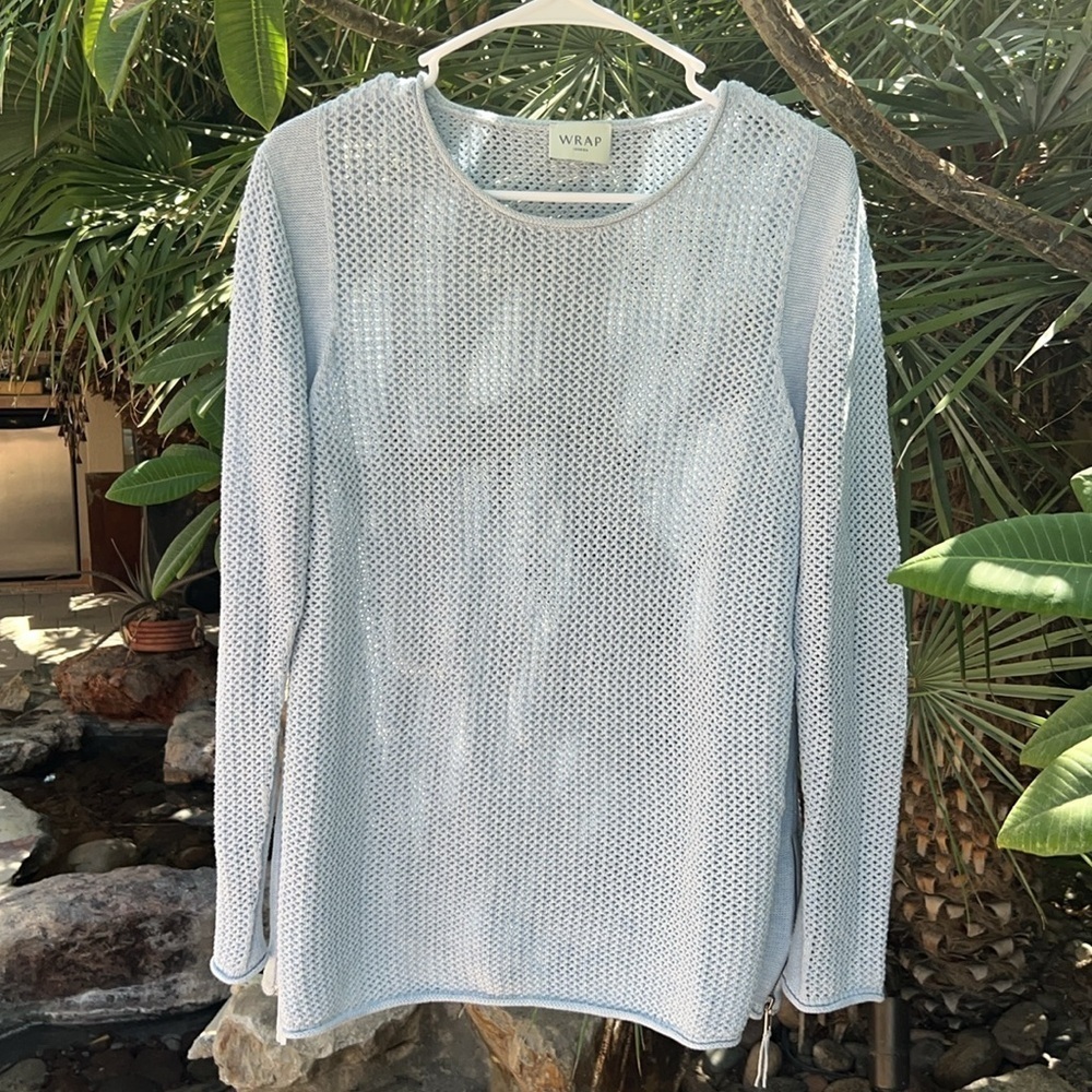 WRAP LONDON Icy Lavender Blue Crochet Crew Neck Sweater, w/ Side Zippers Size 12 - Picture 3 of 10